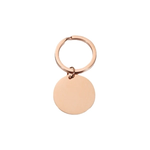 Minimalist rose gold mirror-finish stainless steel round tag keychain on white background