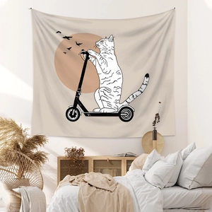 Close-up of minimalist black cat riding scooter wall tapestry in cozy bedroom setting