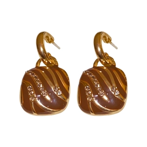Retro square stripe earrings with gold metal, brown enamel, and sparkling rhinestones