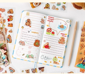 Close-up of cute Capybara waterproof stickers used for creative DIY journaling decor