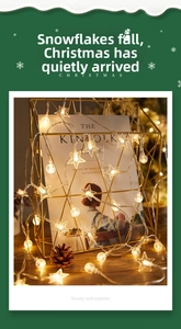 Detail of warm white star and ball LED fairy lights wrapped on a gold geometric stand