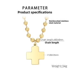 Detail showing 18K gold-plated stainless steel cross pendant and bead chain dimensions