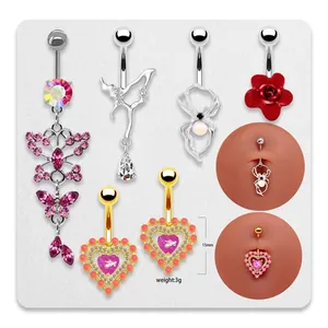 Anneau de Nombril en Alliage de Zinc Strass Papillon Cœur Rose Fleur pour Femmes Filles Bijoux de Piercing Mode Nombril