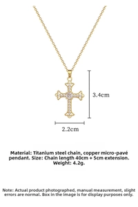Detail showing titanium steel chain and cross pendant dimensions with pavé stones
