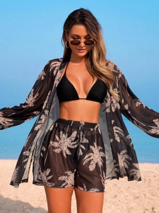 Vêtements De Plage À Imprimé Palmier Cardigan En Maille Haut De Bikini Et Short À Taille Haute Vacances D'été