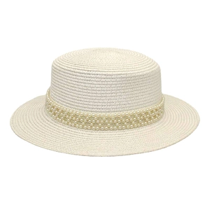 Detail of flat top straw hat with triple row pearl band decoration for women
