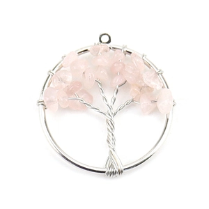 Macro detail of Tree of Life pendant with pink crystal leaves and woven metal wire