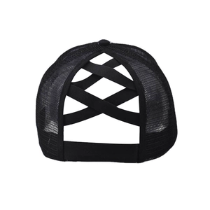 Black mesh ponytail baseball cap with elastic criss-cross back design for women