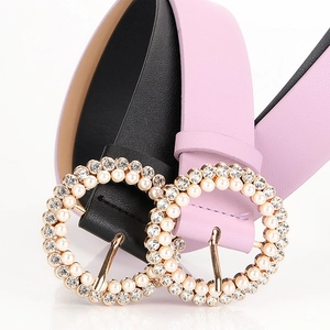 Elegant thin women's leather belt with round buckle featuring rhinestones and pearls