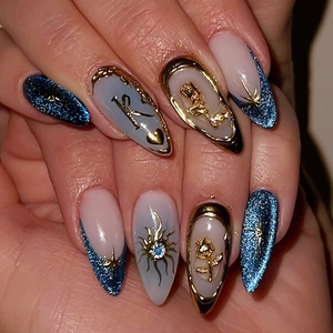 Press On Nails Almond Shape Cat Eye 3D Gold Rose Relief Blue Glitter French Vintage Palace For Women Nail Art Accessory