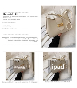 Detailed dimensions of beige baguette bag showing 27x19x6cm size and weight
