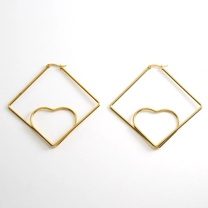 18K gold-plated stainless steel geometric earrings with square frame and heart design
