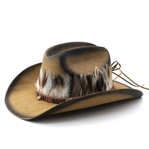 Brown straw cowboy hat with natural feathers and ethnic braided band for sun protection