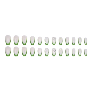 French Aurora green press-on nails set with 3D silver butterflies and sparkling rhinestones