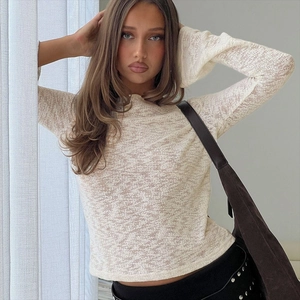 T Shirt Manches Longues En Maille Sexy Femmes Col Rond Coupe Slim Top Court Texturé Abricot Ajouré