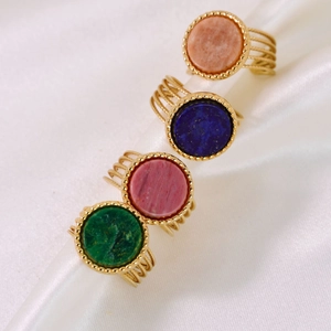 Vintage Stainless Steel Multi Layer Open Ring With Natural Stone Geometric Gold Plated Adjustable Bohemian Ring For Women Men Jewelry
