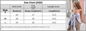 Detailed size chart for the light blue bow tie backless camisole top from S to L