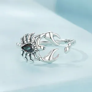 Vintage S925 sterling silver scorpion open ring with green pear-shaped gemstone