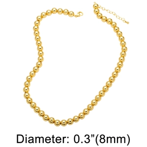 Polished golden bead necklace with 8mm diameter spheres and adjustable lobster clasp