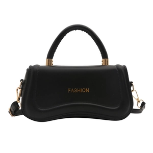 Elegant black matte leather handbag with curved base and golden FASHION lettering