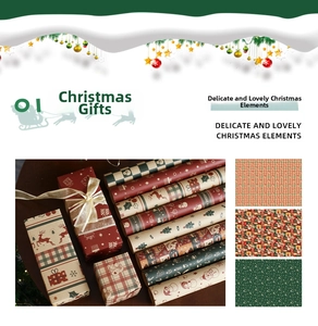 Detailed view of vintage kraft Christmas wrapping paper with reindeer and tree patterns