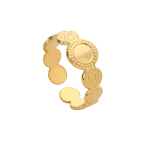 Close-up of golden geometric hollow ring with alternating smooth and hammered textures