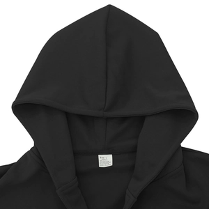 Close-up of black hoodie neckline showing the size L label and 50% cotton fabric texture