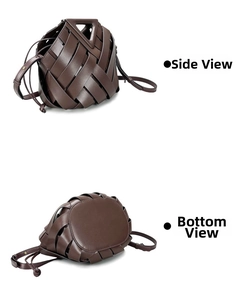 Detailed side and bottom views of dark brown woven leather bucket bag with triangle handle