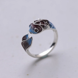 Vintage Koi Fish Lotus Open Ring Adjustable Alloy Copper Enamel Jewelry For Women Oriental Chinese Style