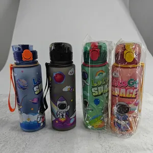 Detail view of colorful 700ml astronaut space plastic water bottles with carrying strap