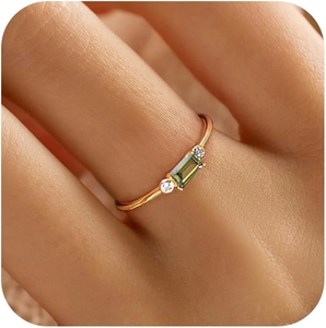 Minimalist S925 sterling silver ring with baguette green zircon and round side stones