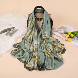 Elegant Satin Satin Scarf For Women Long Floral Print Magnolia Pattern Shawl Wrap Lightweight Sun Protection Beach Cover Up