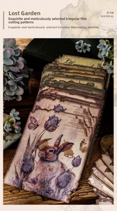 Macro detail of vintage floral paper stickers with die-cut edges and antique botanic motifs