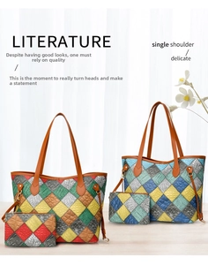 Detail of color-block tote bag set with crocodile pattern texture and matching clutch