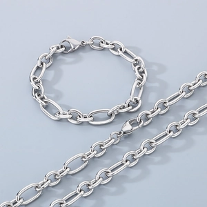 Polished silver stainless steel 9mm link chain necklace and bracelet jewelry set