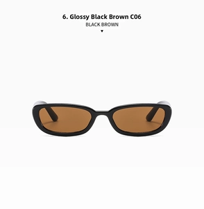 Front view of narrow oval sunglasses in glossy black frame with tea brown lenses C06