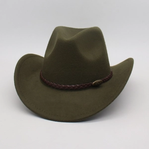 Detail of olive green wool felt cowboy hat with braided leather band and metal badge