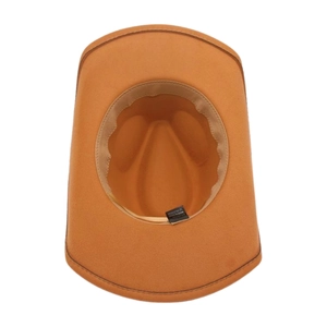 Detail view of the interior structure with sweatband and label of the brown cowboy hat