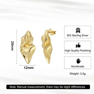 S925 sterling silver irregular wavy stud earrings with high polish gold finish