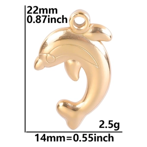Golden dolphin shape pendant necklace in stainless steel measuring 22mm x 14mm