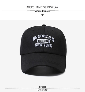 Close-up of white 3D embroidery on black cotton baseball cap showing Brooklyn typography