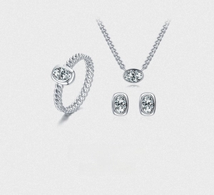Detail of s925 silver jewelry set with oval stones and twisted ring band