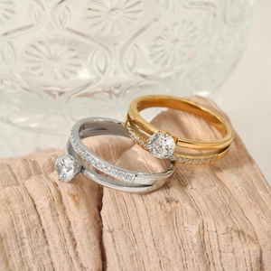Bagues double couche en acier inoxydable or et argent avec sertissage de diamants CNC