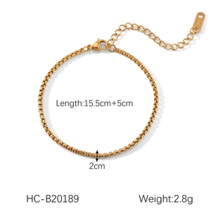 Detail of 18K gold-plated stainless steel box chain bracelet with lobster clasp and extension