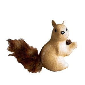 Realistic artificial squirrel Christmas tree ornament holding a small pinecone