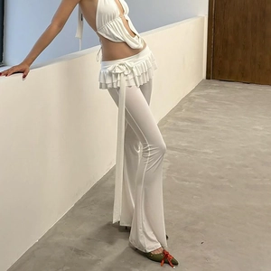 Pantaloni A Zampa Da Donna Con Volant E Vita Annodata Sexy Vestibilità Aderente Alta Elasticità Tinta Unita Streetwear Lunghi