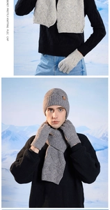 Detail of grey winter knit set showing ribbed beanie with leather patch and diamond scarf