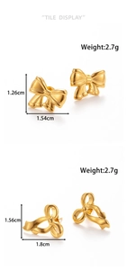 Detail showing two styles of gold bow stud earrings with exact size measurements and weight
