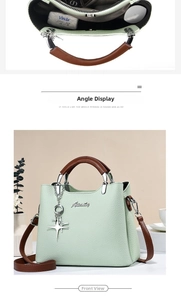 Detail of mint green leather handbag interior showing storage capacity for daily items