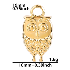Detailed view of golden owl pendant showing dimensions 19mm by 10mm and feather textures